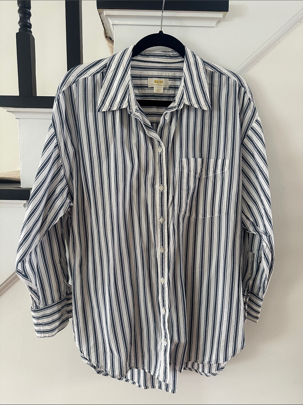 Maeve Navy and White Vertical Stripe Button-Down Shirt